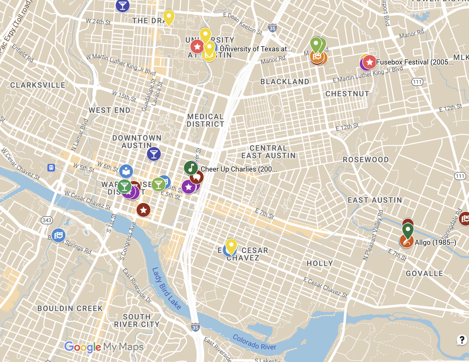 google map of Austin, Texas with queer performance and community sites